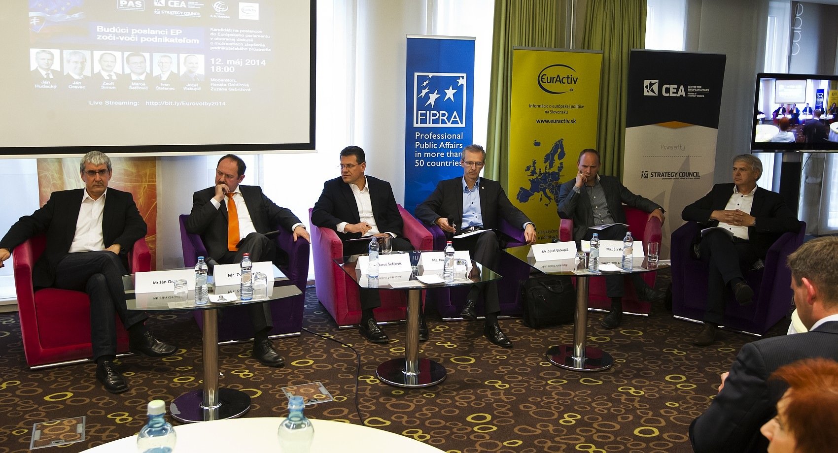 Slovak MEPs candidates, including Maros Sefcovic and Ivan Stefanec (3rd and 4th from L), in an election debate (Photo: CEA)