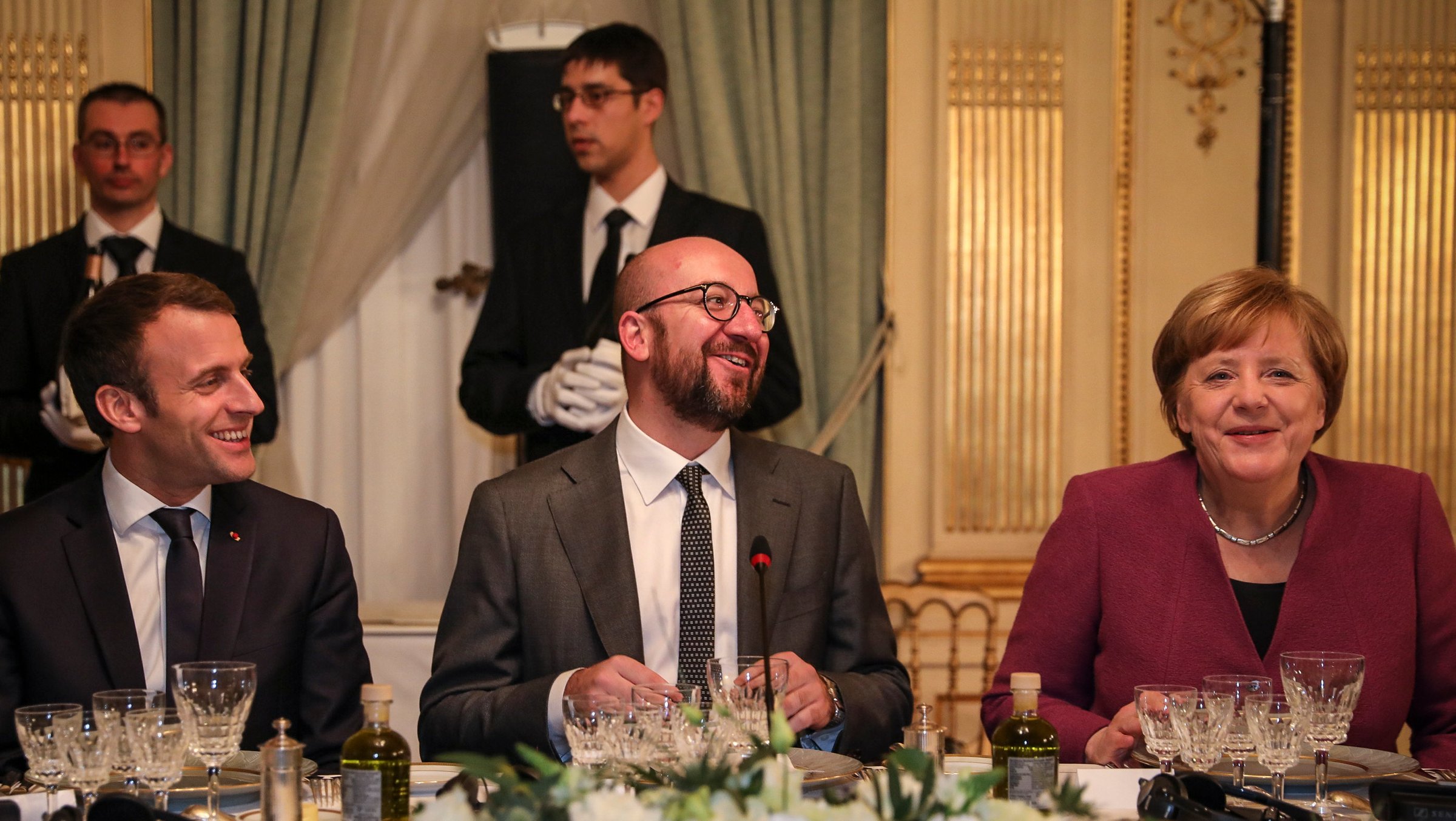 Ahead of the summit, Belgian prime minister Charles Michel (c) hosted some of his counterparts, including French president Emmanuel Macron and German chancellor Angela Merkel <a target="_blank">(Photo: ©Chancellery of the Prime Minister)</a>