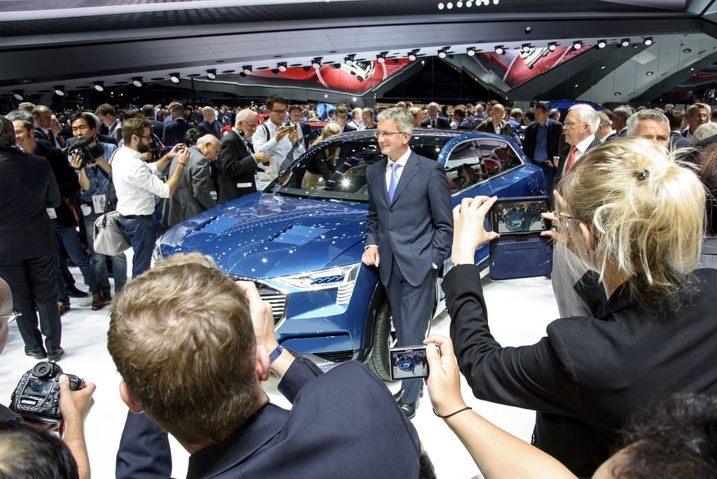 Rupert Stadler, then CEO of Audi, at a car show in Frankfurt, 15 September 2015 - mere days before Audi's parent company Volkswagen Group admitted to having cheating on emissions tests. (Photo: AUDI AG)