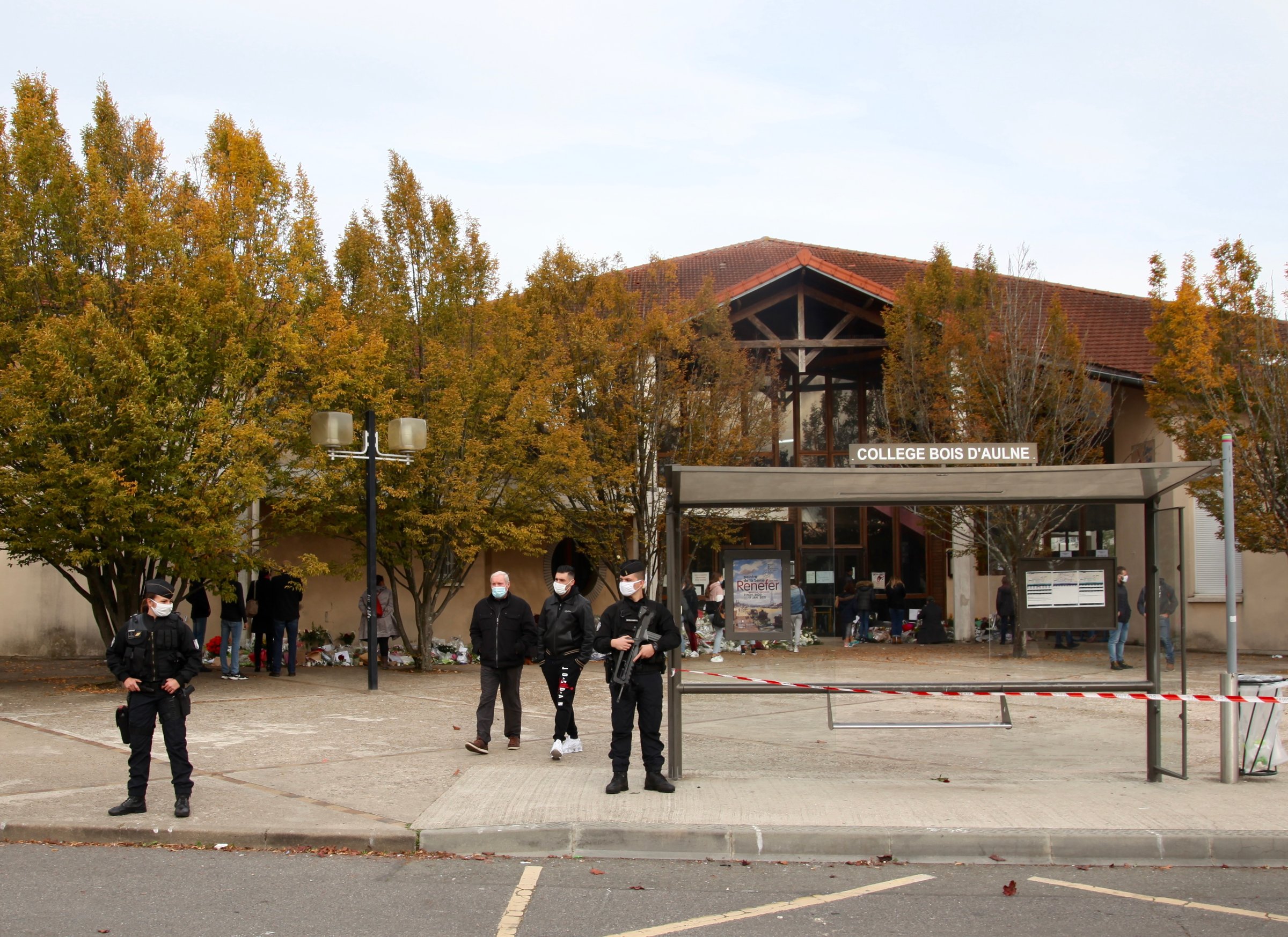 The scene outside the French school, where teacher Samuel Paty was brutally murdered (Photo: Emma Sofia Dedorson)