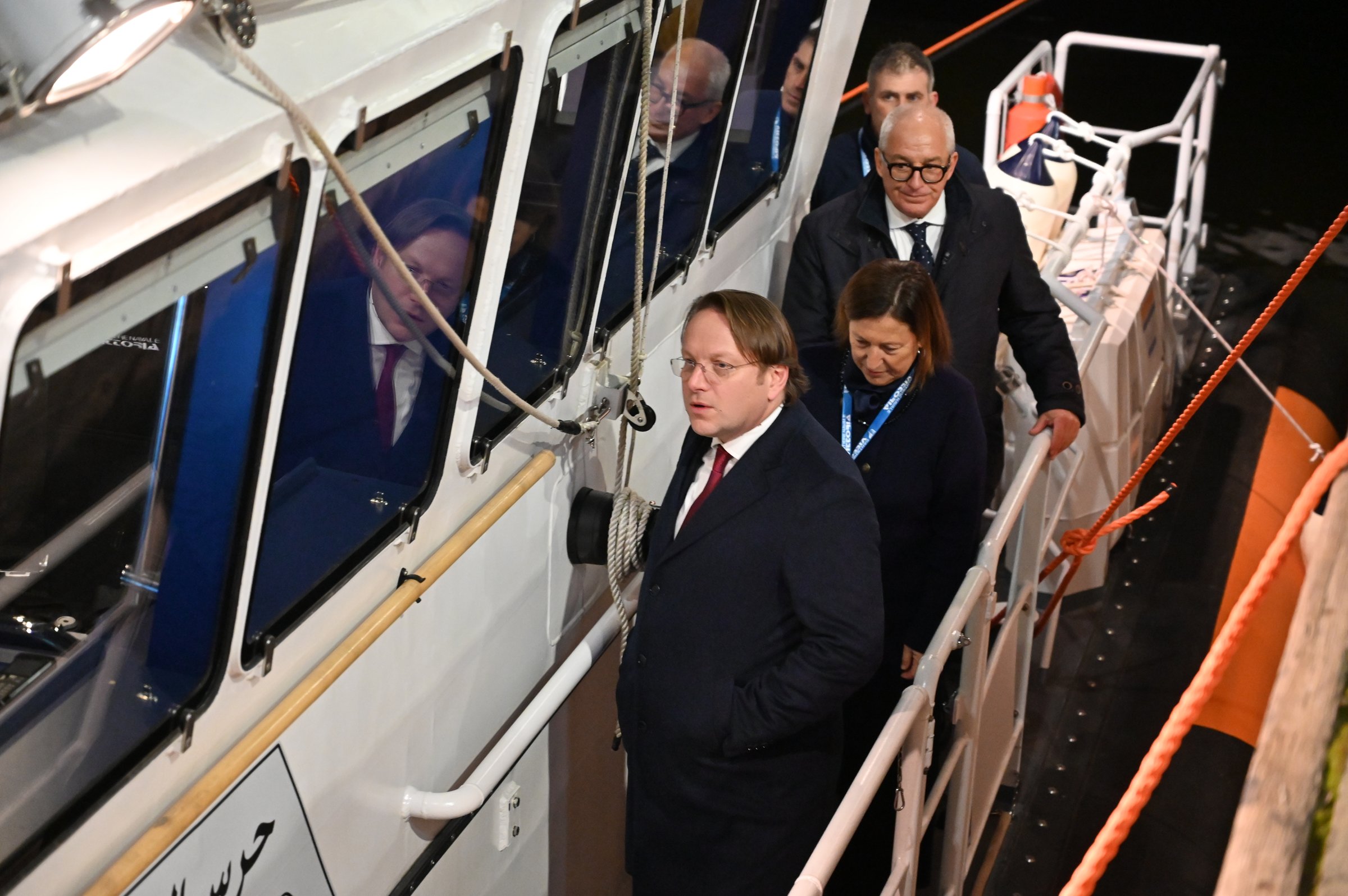 Olivér Várhelyi, then EU enlargement commissioner under the first Ursuala von der Leyen presidency, touring a patrol boat donated to the Libyan coast guard (Photo: European Union, 2023)