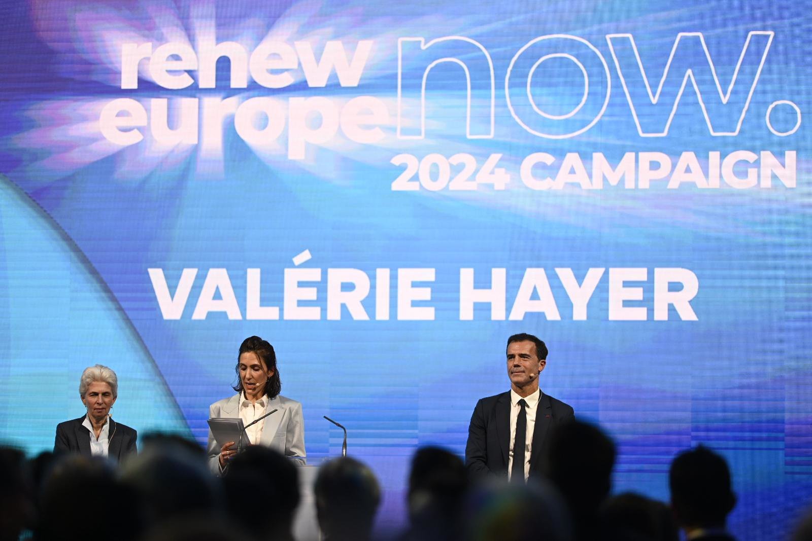 The three Renew Europe candidates - from left to right: German MP Marie-Agnes Strack Zimmermann, current president of Renew Europe in the parliament, Valérie Hayer, and Italian MEP Sandro Gozi, secretary-general of the European Democratic Party (Photo: ALDE Party)