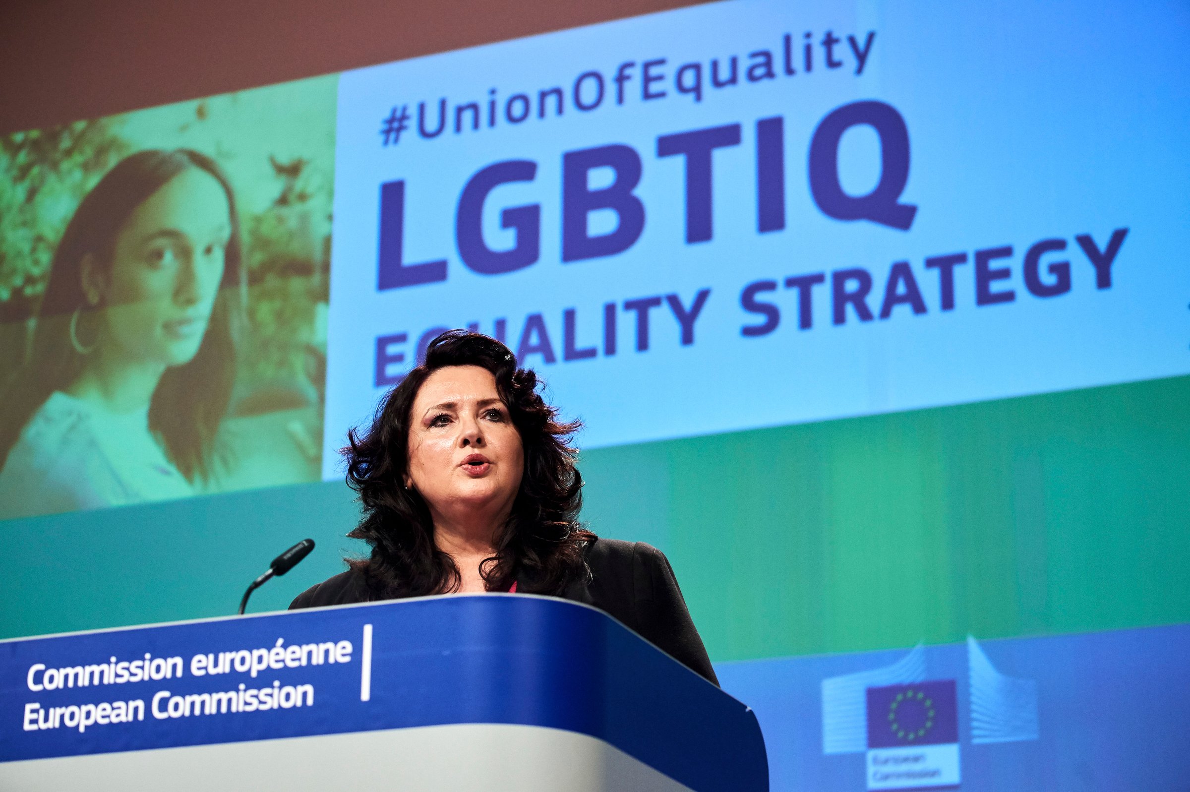EU commissioner for equality, Helena Dalli, at the presentation of the LGBTIQ equality strategy in 2020 <a target="_blank" href="https://audiovisual.ec.europa.eu/en/photo-details/P-046969~2F00-05">(Photo: European Commission)</a>