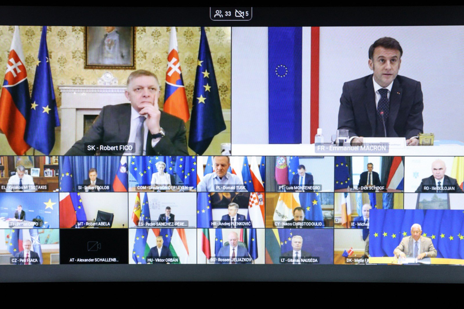French president Emmanuel Macron briefing other EU leaders by videocall on Wednesday on his visit to meet Donald Trump in Washington (Photo: António Costa social media)