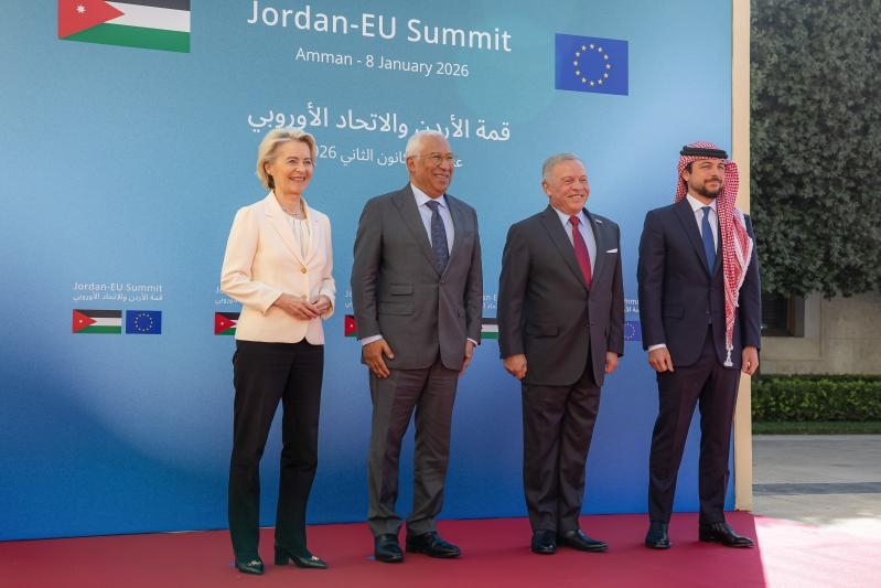 In Jordan (left to right): EU Commission president Ursula von der Leyen, EU Council president António Costa, King Abdullah II of Jordan, and Crown Prince Hussein ben Abdallah of Jordan (Photo: Copyright European Union, 2026)