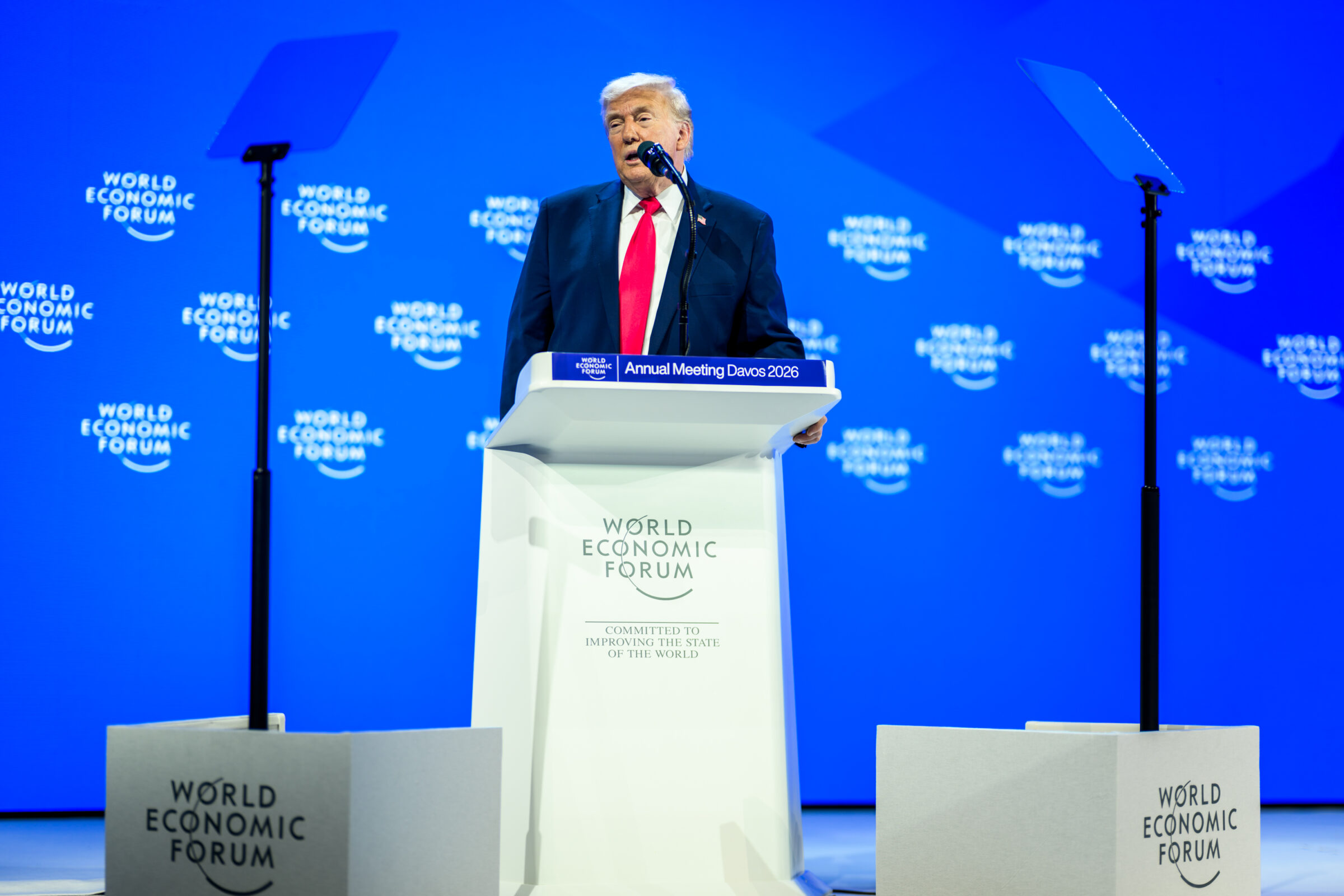 Donald Trump speaking at Davos this month, where he called mass migration an existential civilisational crisis