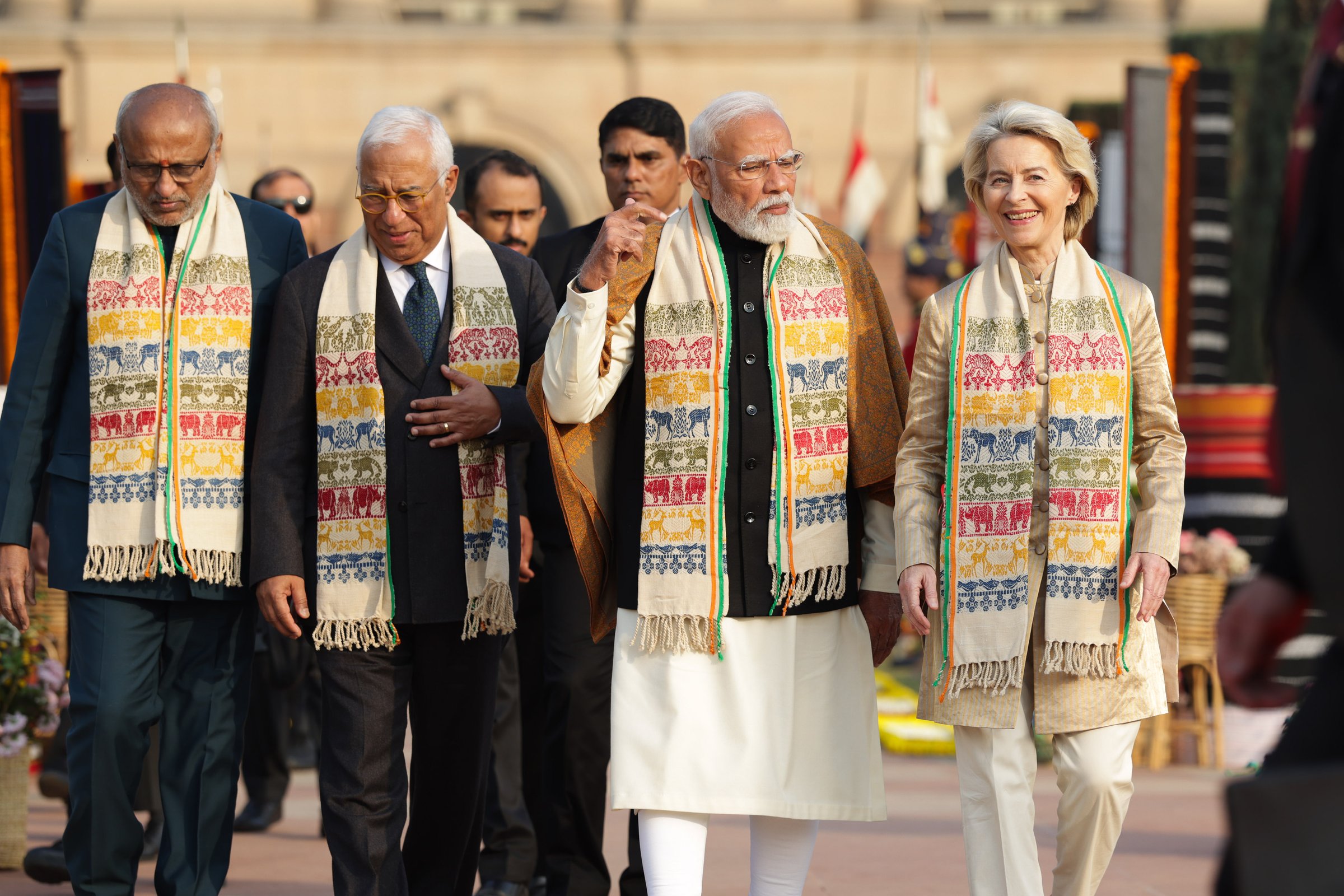 EU commission president Ursula von der Leyen, EU council president Antonio Costa and India's prime minister Narendra Modi during India's Republic Day celebrations on Monday <a target="_blank">(Photo: European Commission)</a>