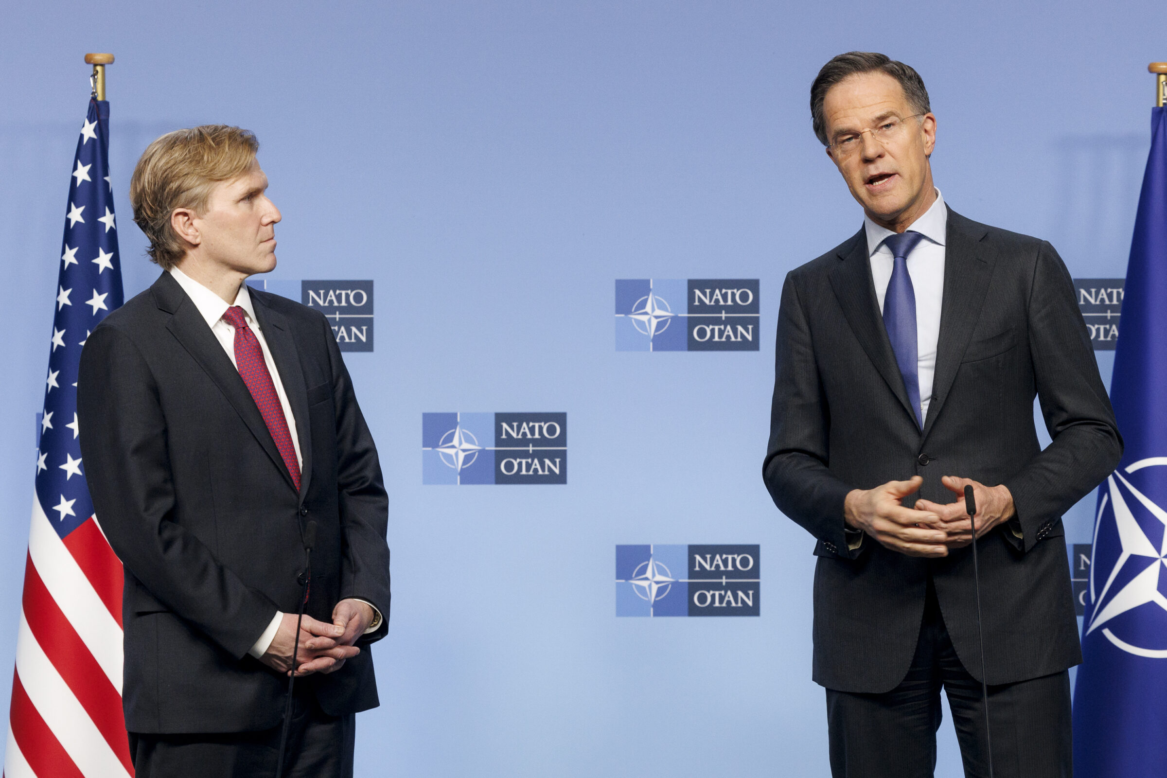 US under secretary of war Elbridge Colby (l) with Nato secretary general Mark Rutte in Brussels on 12 February