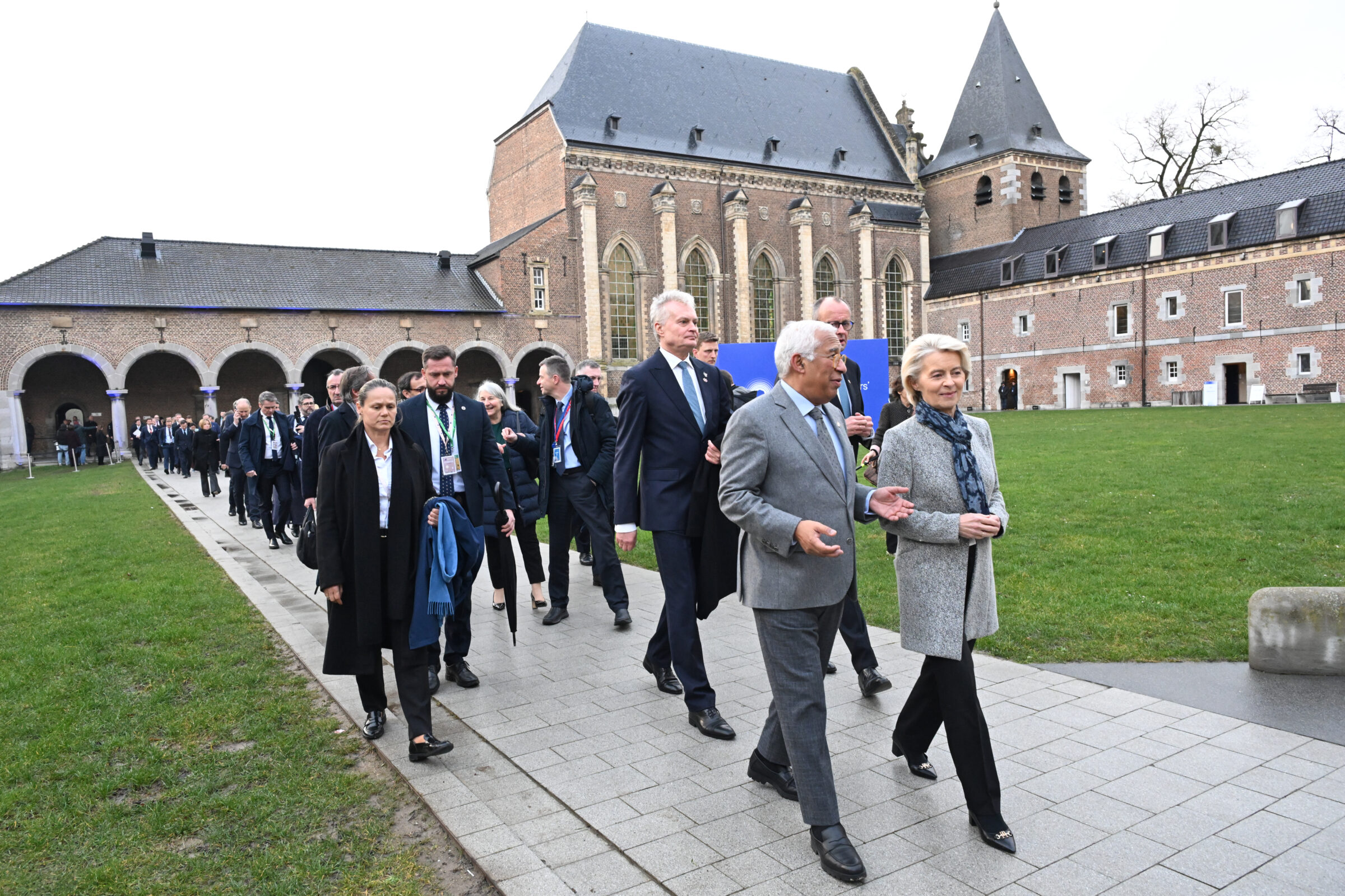 EU Council president António Costa and EU Commission president Ursula von der Leyen arriving at the EU leaders' retreat in the Alden Biesen castle