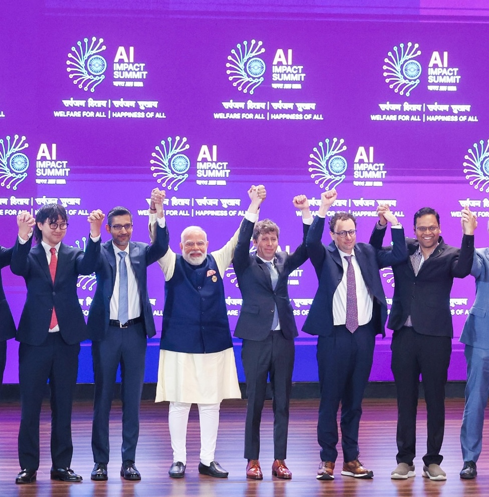 Modi and global tech leaders at the opening ceremony of India AI Impact Summit, where Amodei and Altman refused to hold hands (Prime Minister of India)