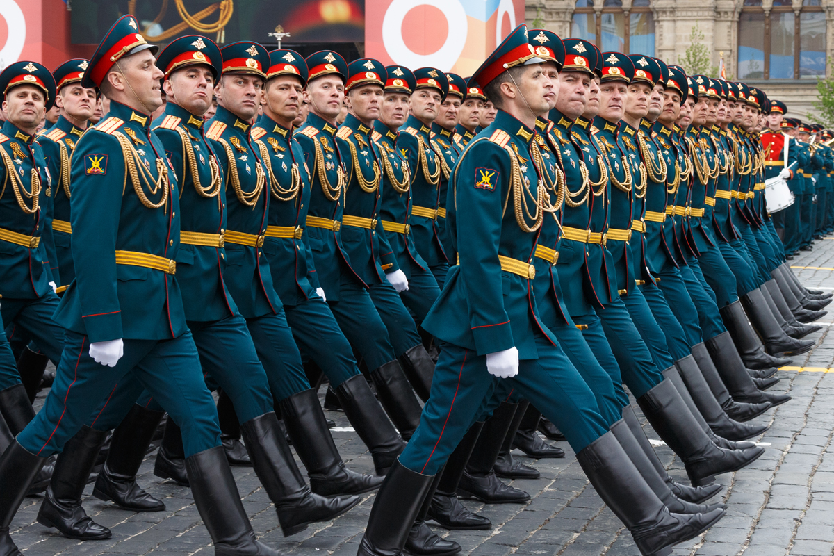 Russian infantry officers show new parade tunic design and jackboots during the 2019 Moscow Victory Day Parade