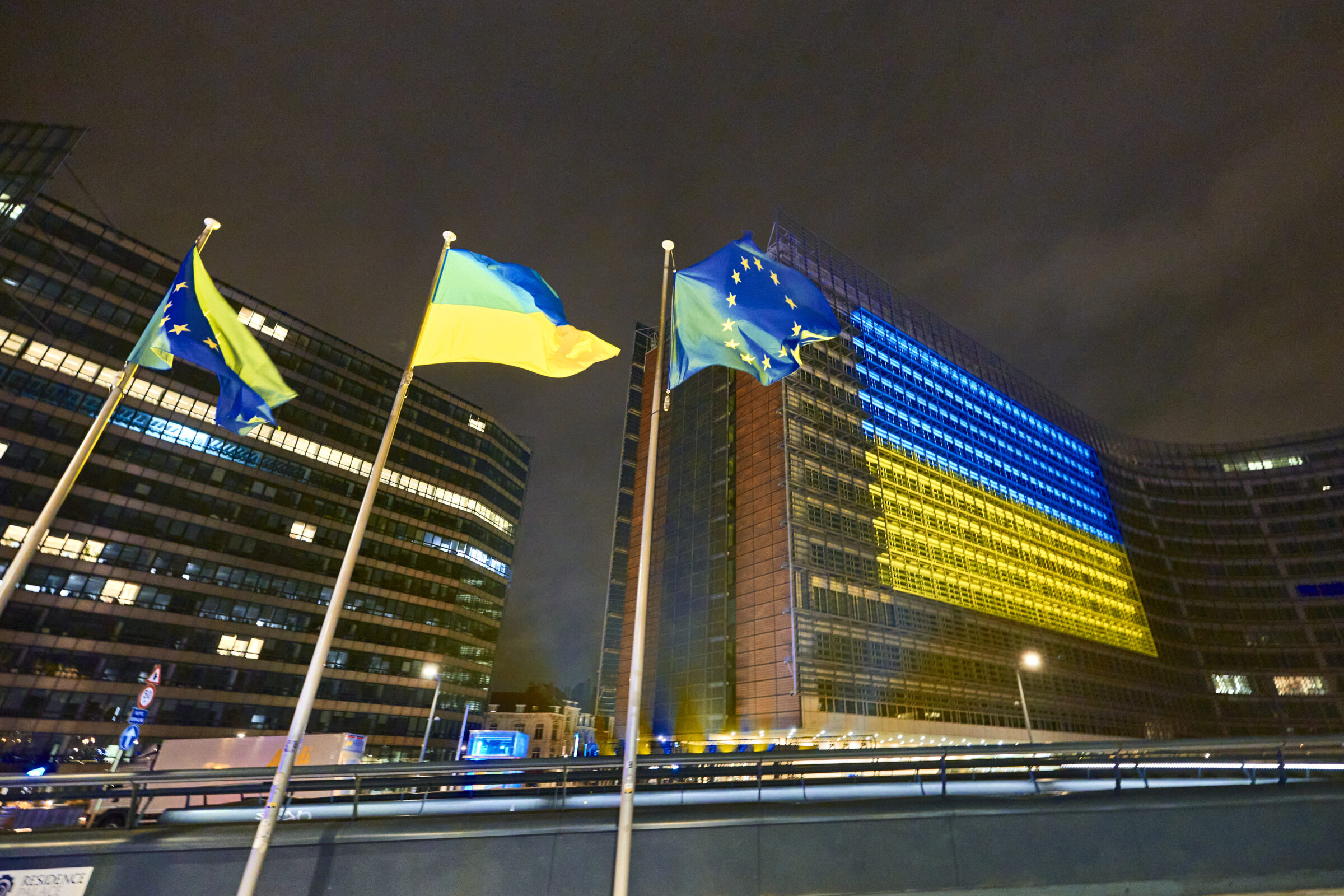EU Commission HQ in Brussels in colours of Ukraine flag on 24 February - the fourth anniversary of Russia's full invasion