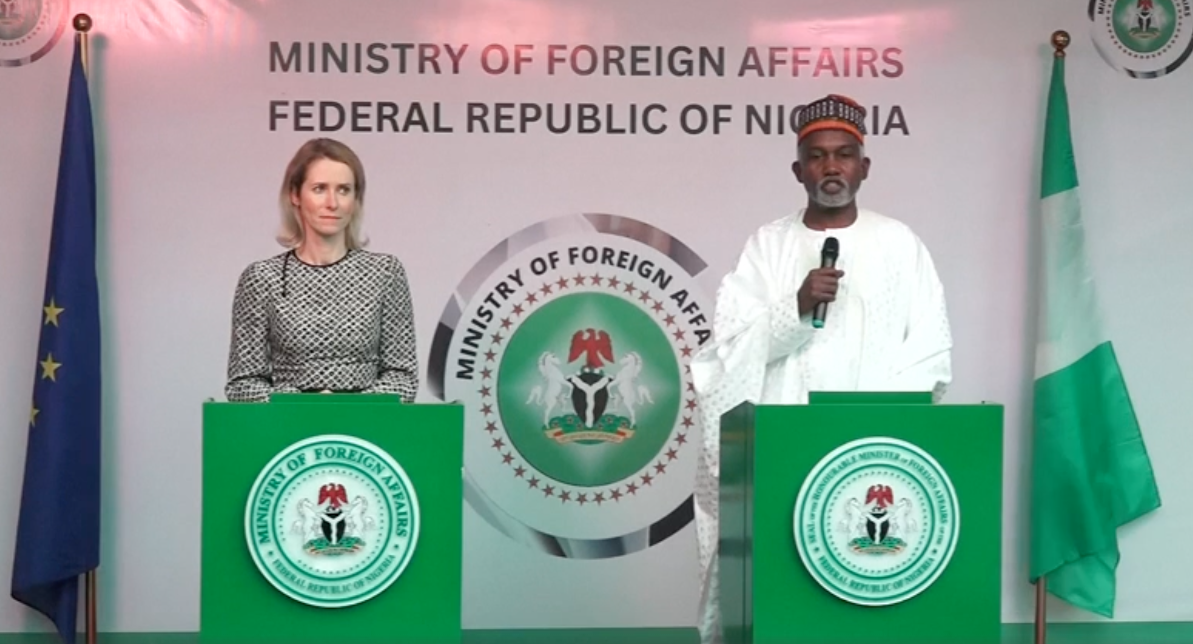 EU foreign affairs chief Kaja Kallas and Nigeria's foreign minister Yusuf Tuggar at a joint press conference in Abuja on Monday