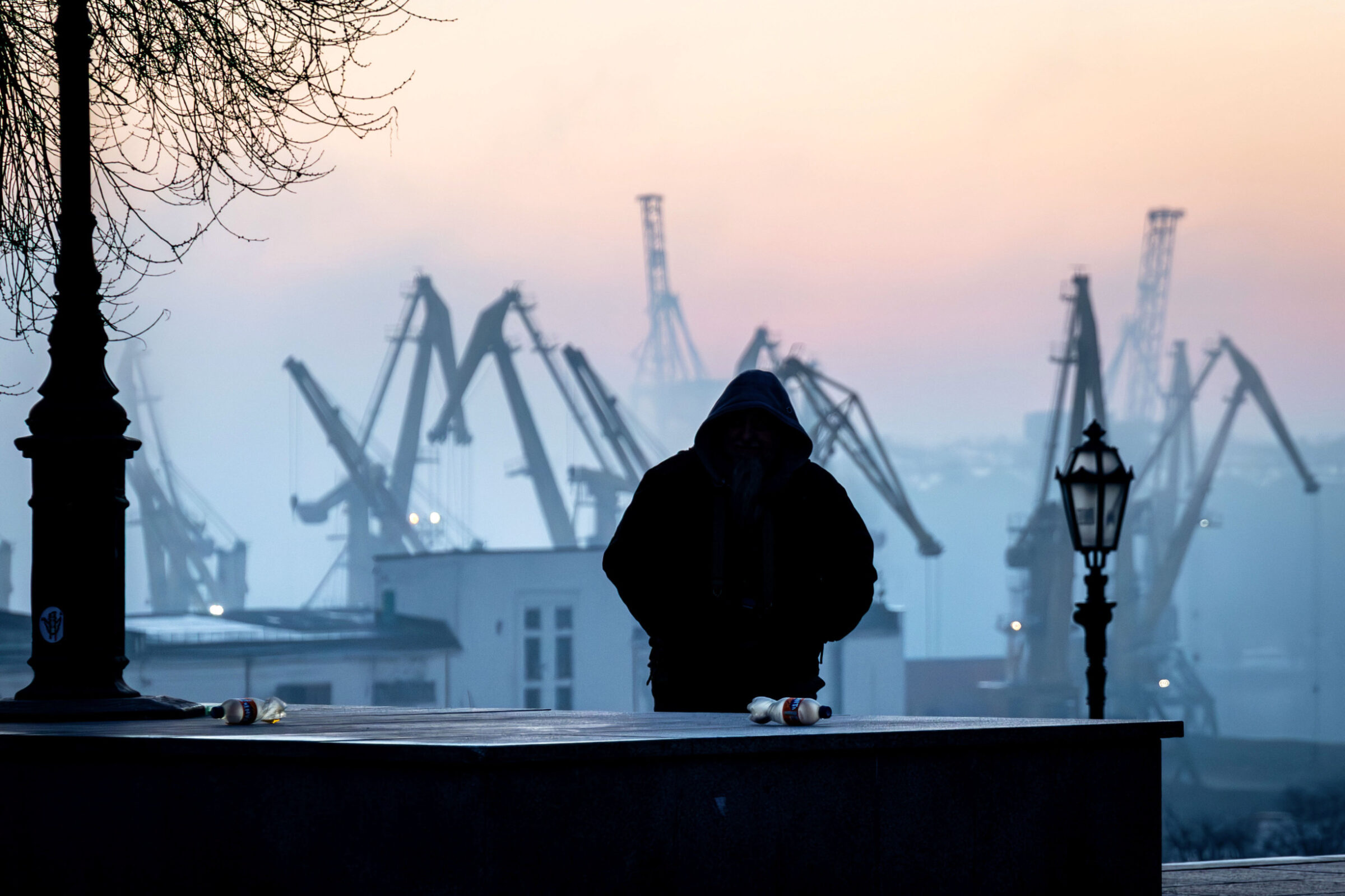 View of the Odesa harbor from behind the Potemkin Stairs.