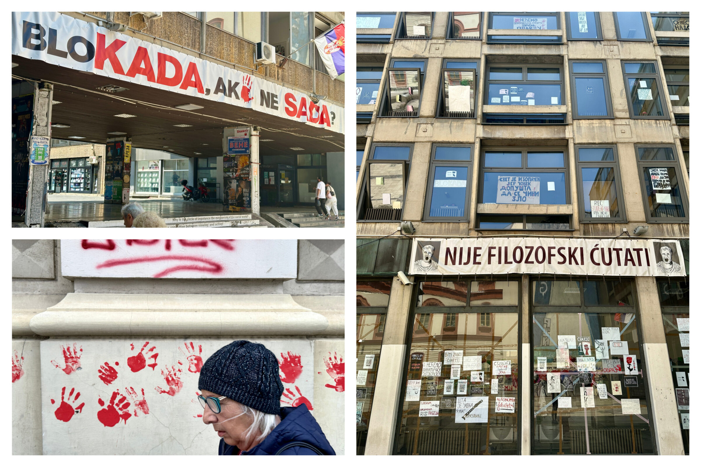 Faculty of Philosophy in Belgrade during the student strike and Novi Sad after the tragedy at the railway station in November 2024 (bottom left). Photos: Andrej Bán/Denník N