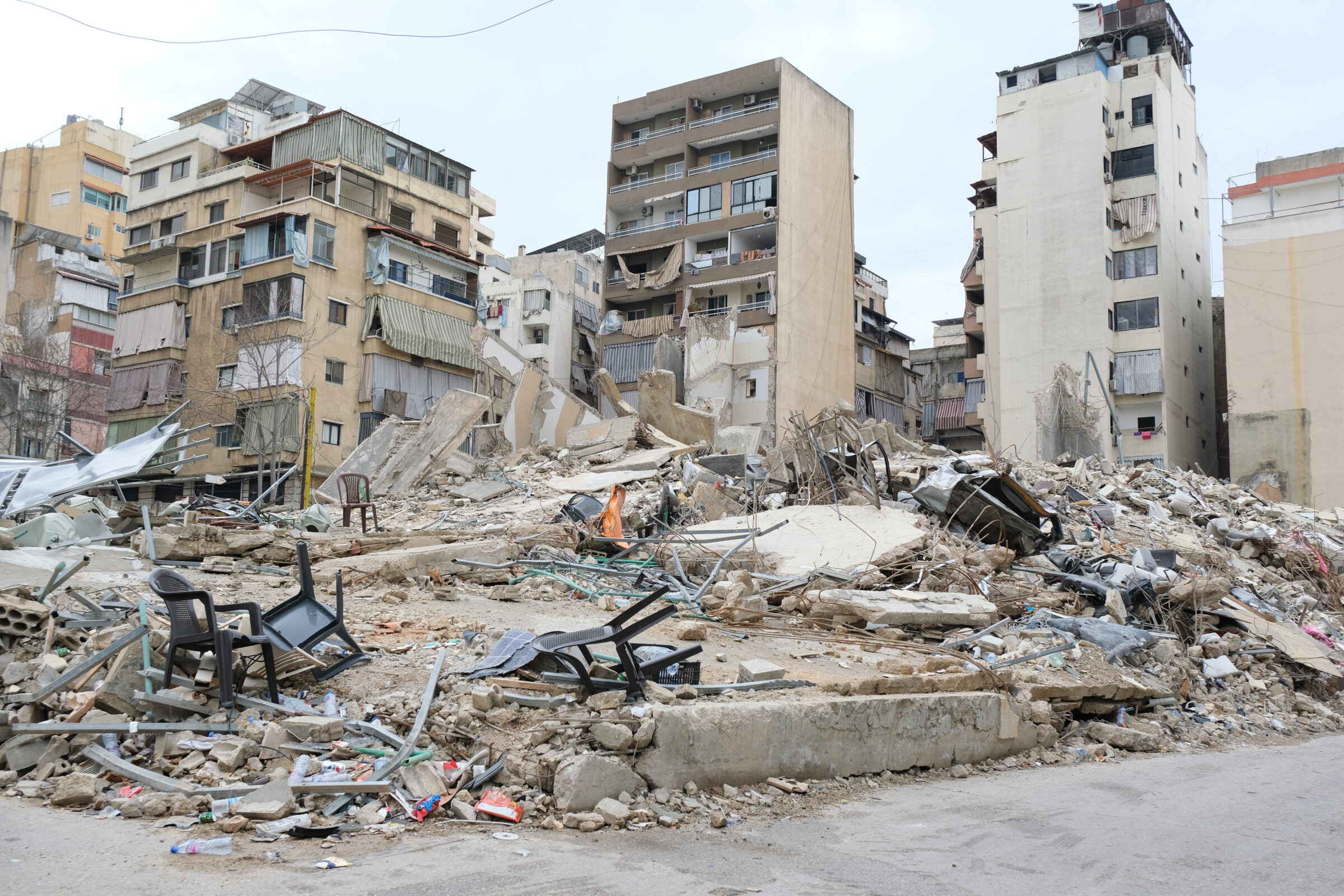 Destruction across a group of buildings in Bashoura, central Beirut, following an Israeli airstrike.