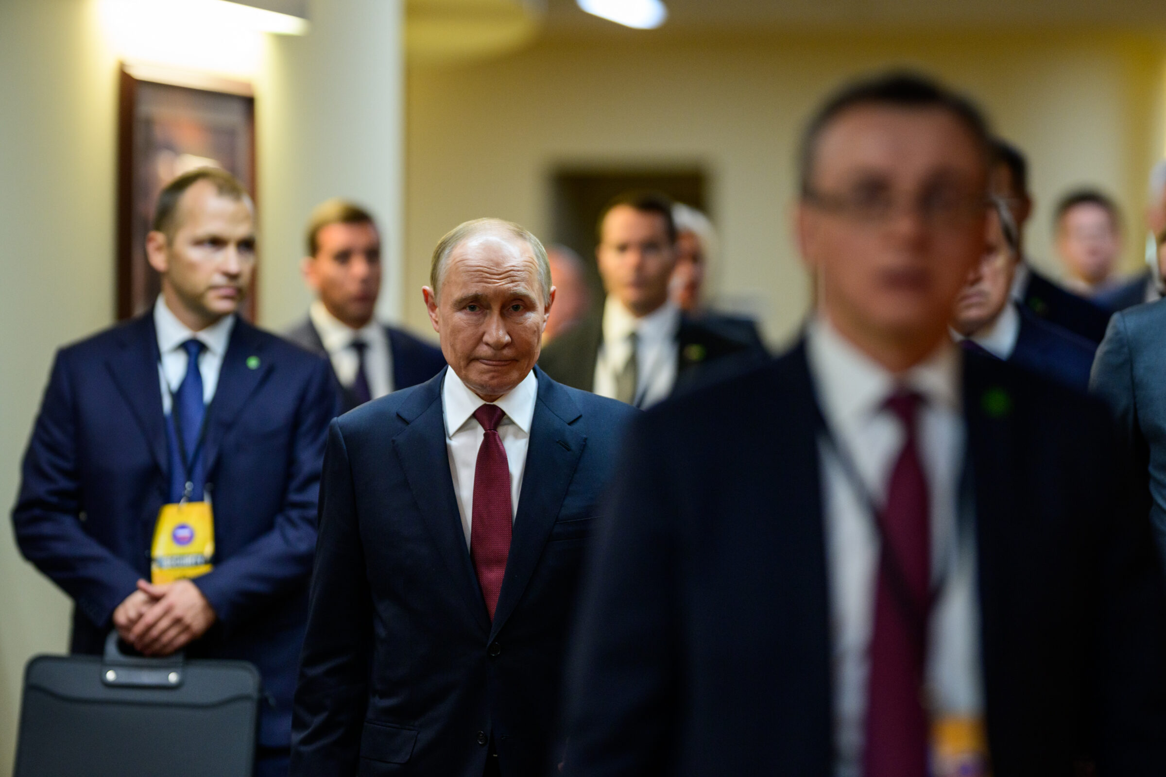 Russian president Vladimir Putin (c) at a summit with Donald Trump in Alaska on 15 August 2025