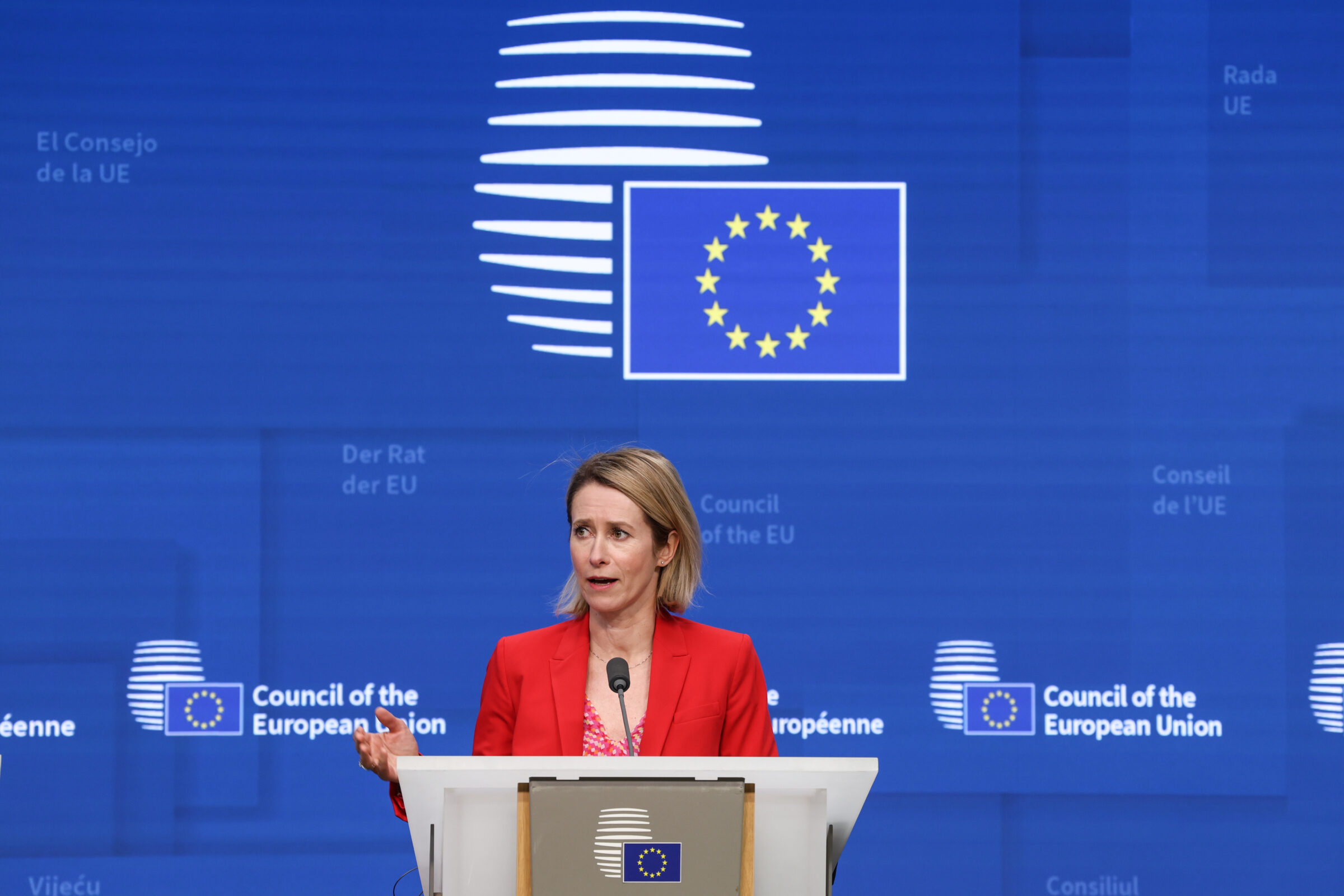 EU foreign affairs chief Kaja Kallas speaking to press in Brussels on Monday