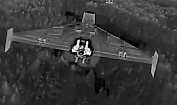 A Russian jet-powered drone shortly before it was destroyed by a Ukrainian fighter jet. Source: Wild Hornets