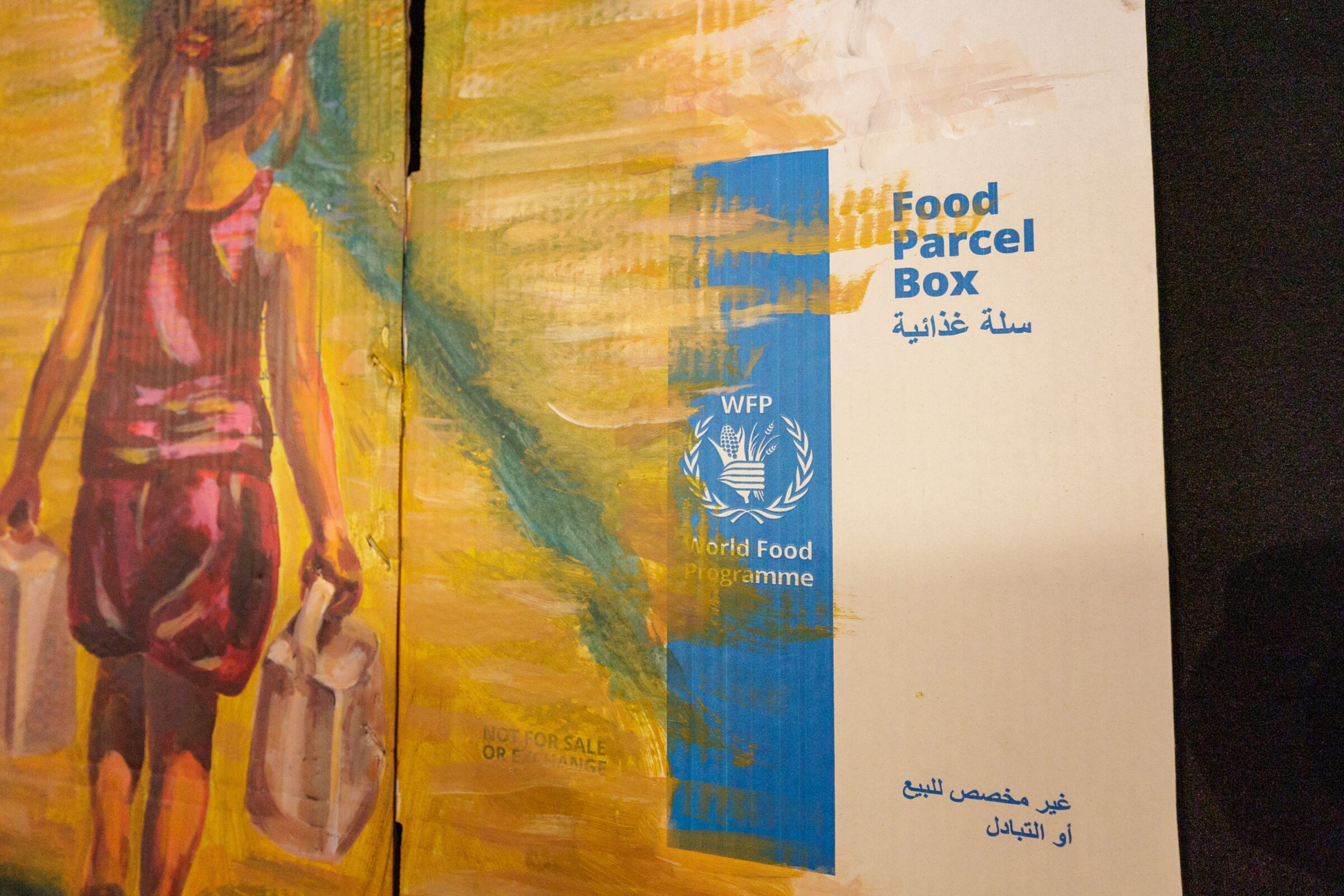 epa12384886 Artwork during the launch of the art exhibition 'Gaza: Stories of Hope and Resilience' at Place de la Monnaie in Brussels, Belgium, 17 September 2025. The exhibition, a joint initiative of the United Nations World Food Programme (WFP) and the European Union (EU), features over 40 original works by Gazan painter Ahmed Muhanna and will tour nine cities across Europe through October 2025.  EPA/OLIVIER MATTHYS