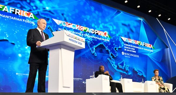 Vladimir Putin at the Russia-Africa Economic and Humanitarian Forum in Moscow. Ministers across Africa have reported the presence of hundreds of recruitment agencies offering jobs in factories, construction and hospitality across Russia, through which recruits have ended up being conscripted into the Russian military
Ivan Sekretarev / Sputnik